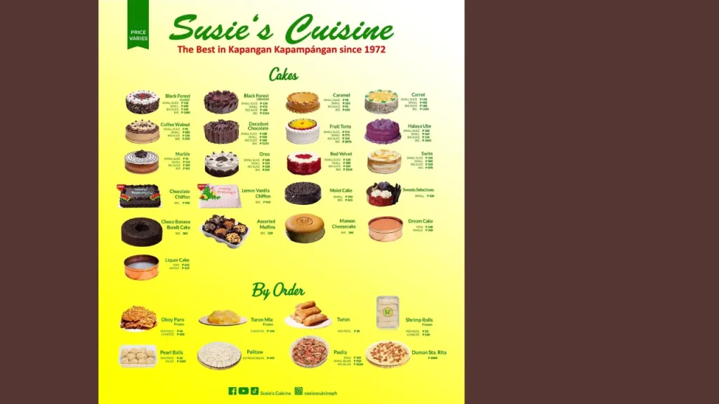 Cakes Susie’s Cuisine Menu