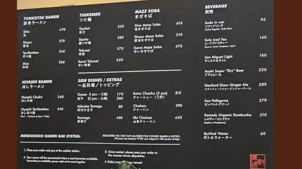 Prices Mendokoro Menu