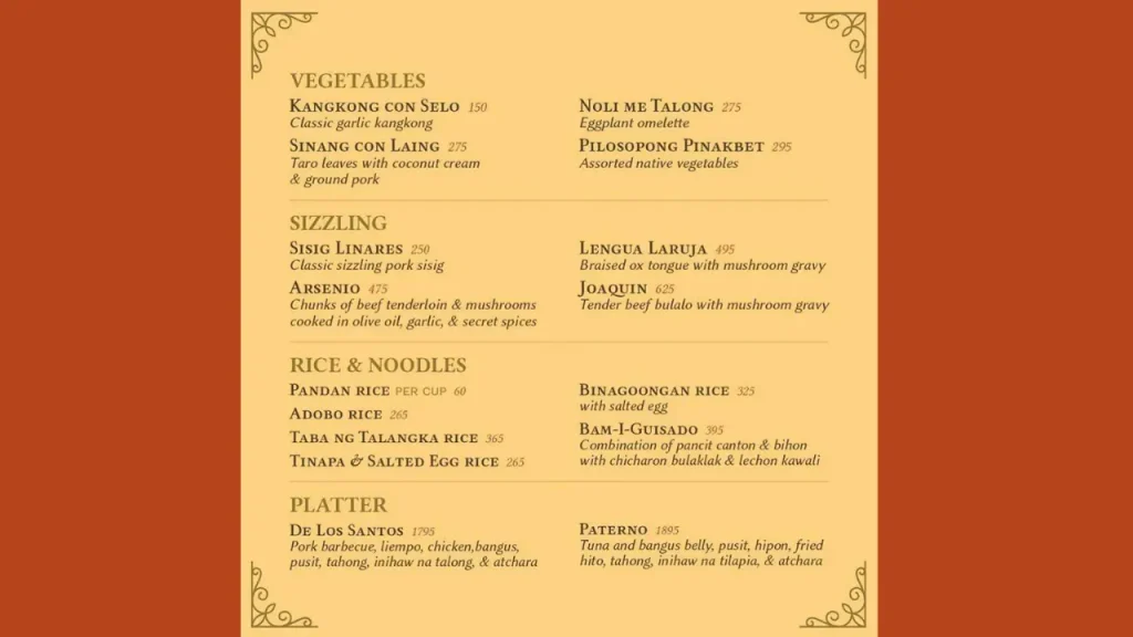 Sizzling Dishes Crisostomo Menu